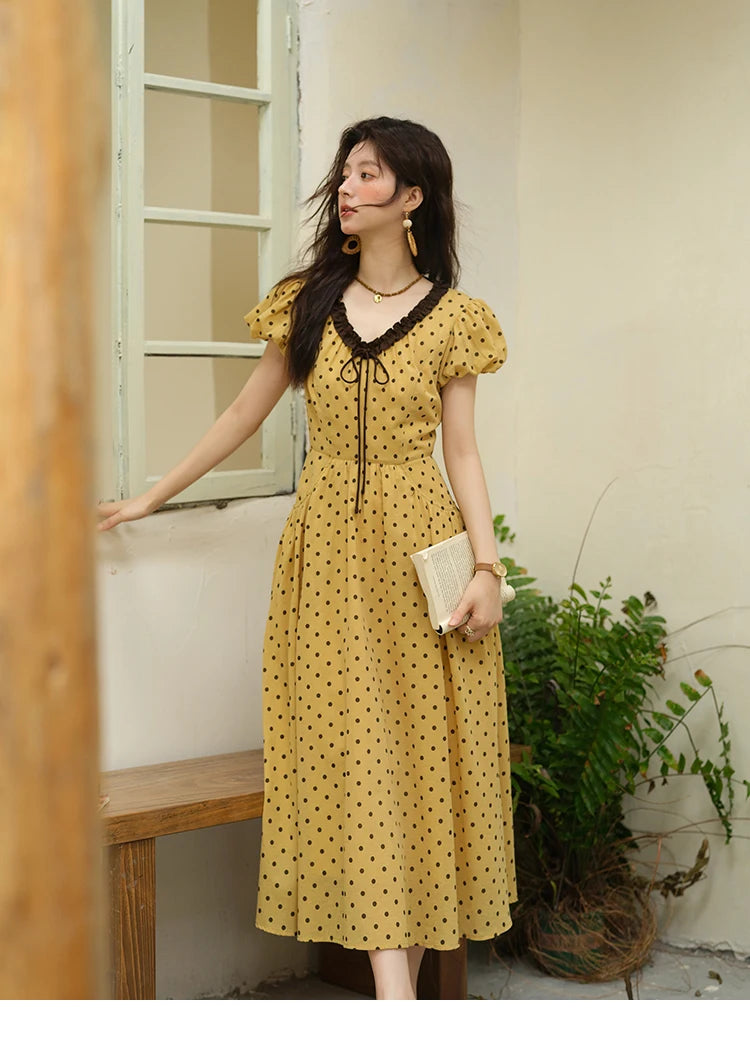 Mishow Polka Dot V-Neck Lace Up Puff Sleeve Dress MXE39L2326