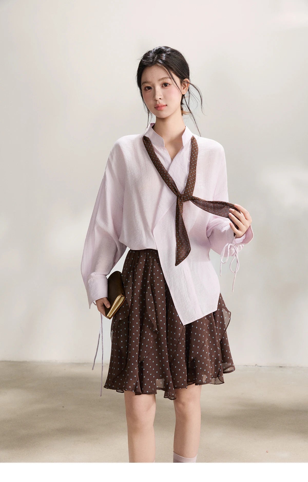 MISHOW Women's Asymmetric V-Neck Shirt Polka Dot Ribbon Tie Cuffs MXF108X1002