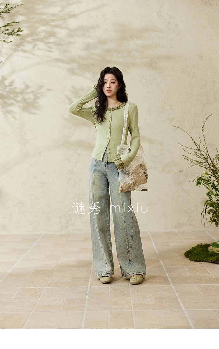 Mishow Green Plaid Lotus Leaf Sleeve Tee MXE14Z1152