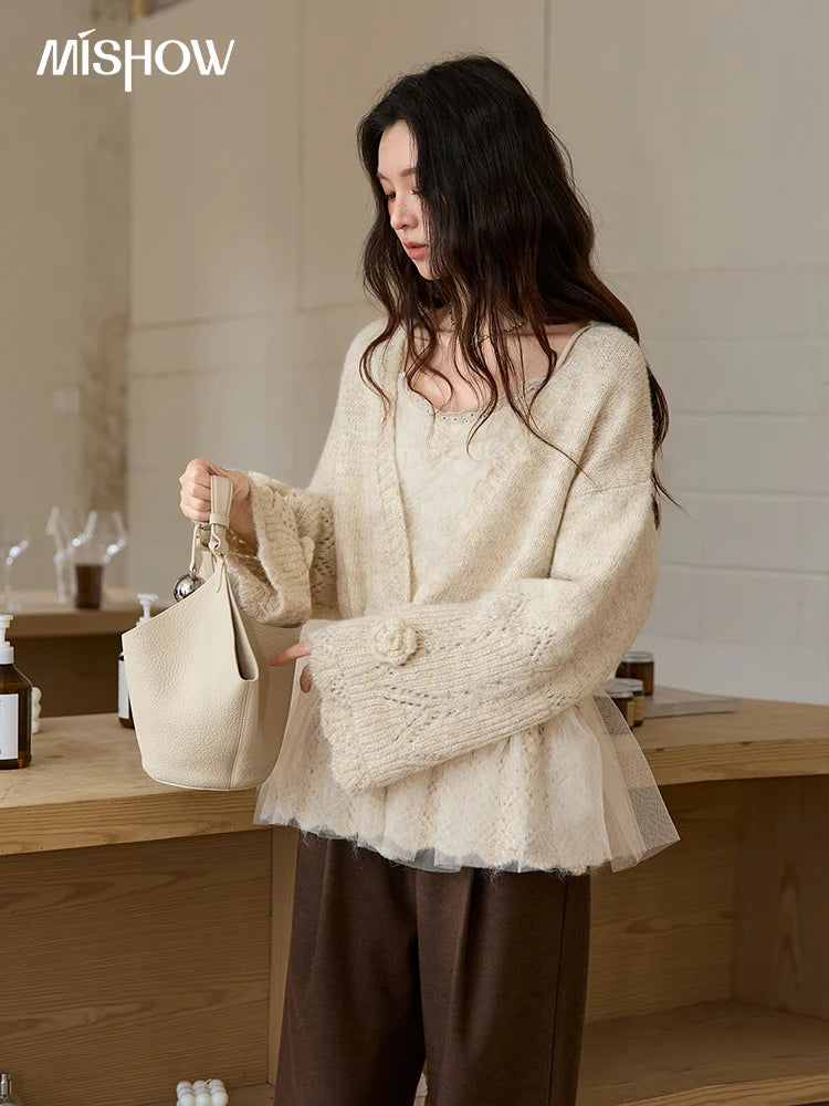 Mishow Apricot Mesh Flower Drawstring Cardigan MXE88Z2707