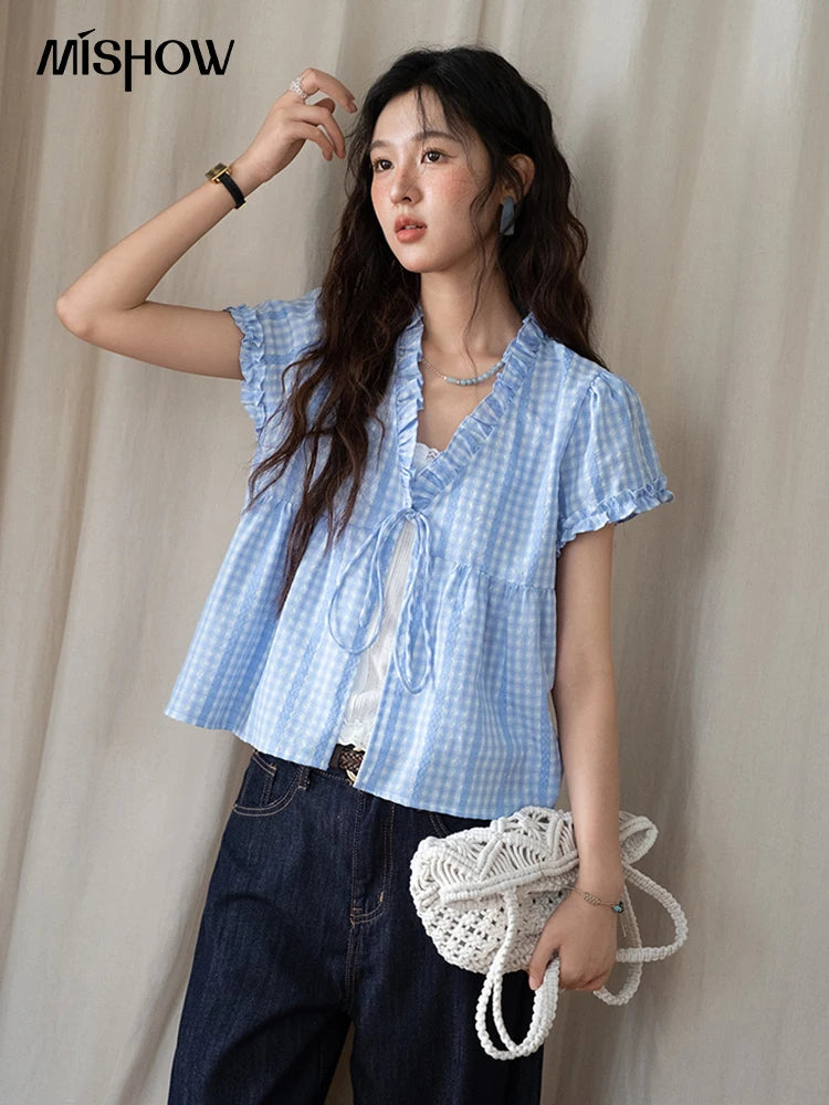 MISHOW Plaid Blue Fake Two Piece Blouse Puff Sleeve V-Neck Lace Up MXE37X1901