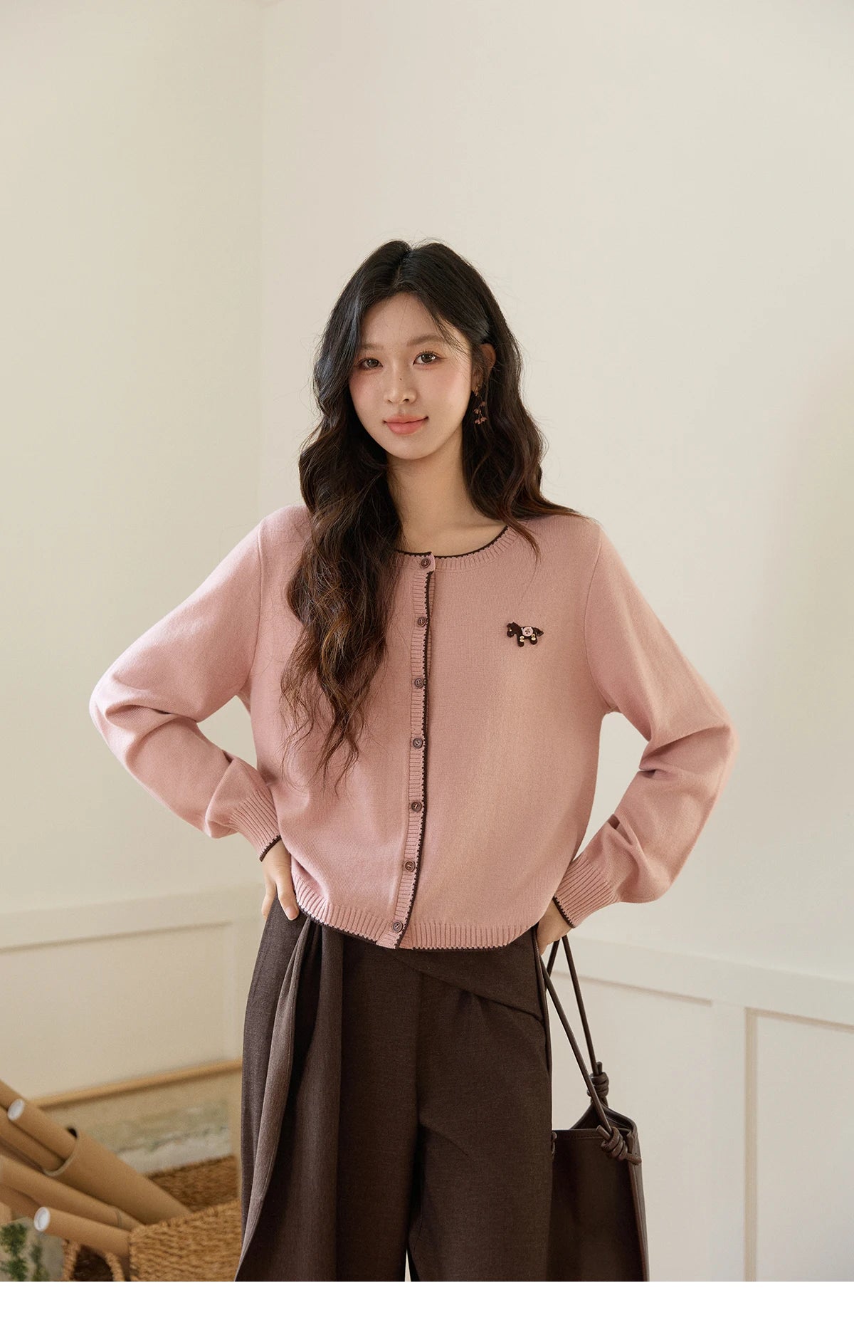 Mishow Pink Contrast Trim Pony Decoration Cardigan MXF108Z1023