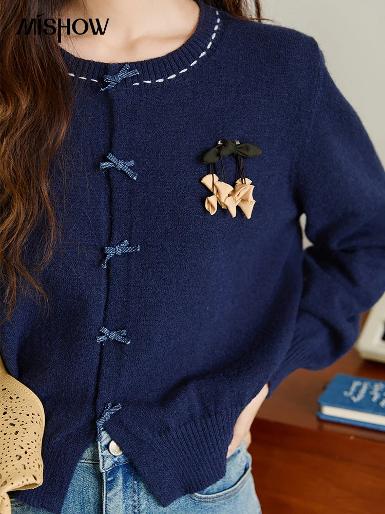 Mishow Bow Placket Lantern Sleeve Cardigan with Brooch MXE45Z1377