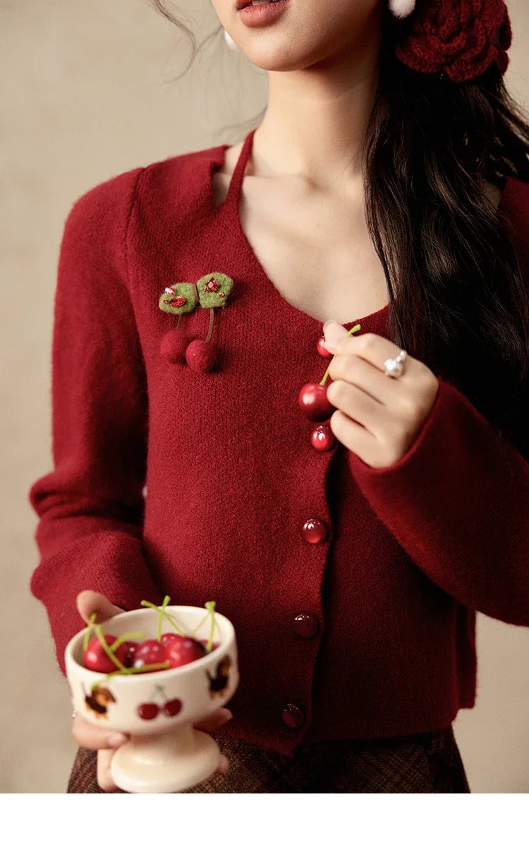 Mishow Red Cherry Ornament Slim V-Neck Cardigan MXD112Z1006
