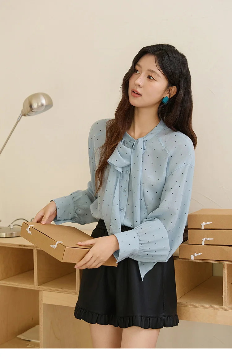 MISHOW Blue Polka Dot Shirt Bow Collar Long Sleeve MXE45X2475