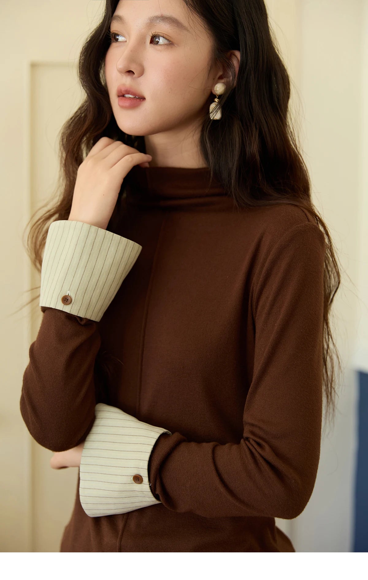 Mishow Apricot Stand Collar Slim Top with Detachable Cuffs MXE49Z2532
