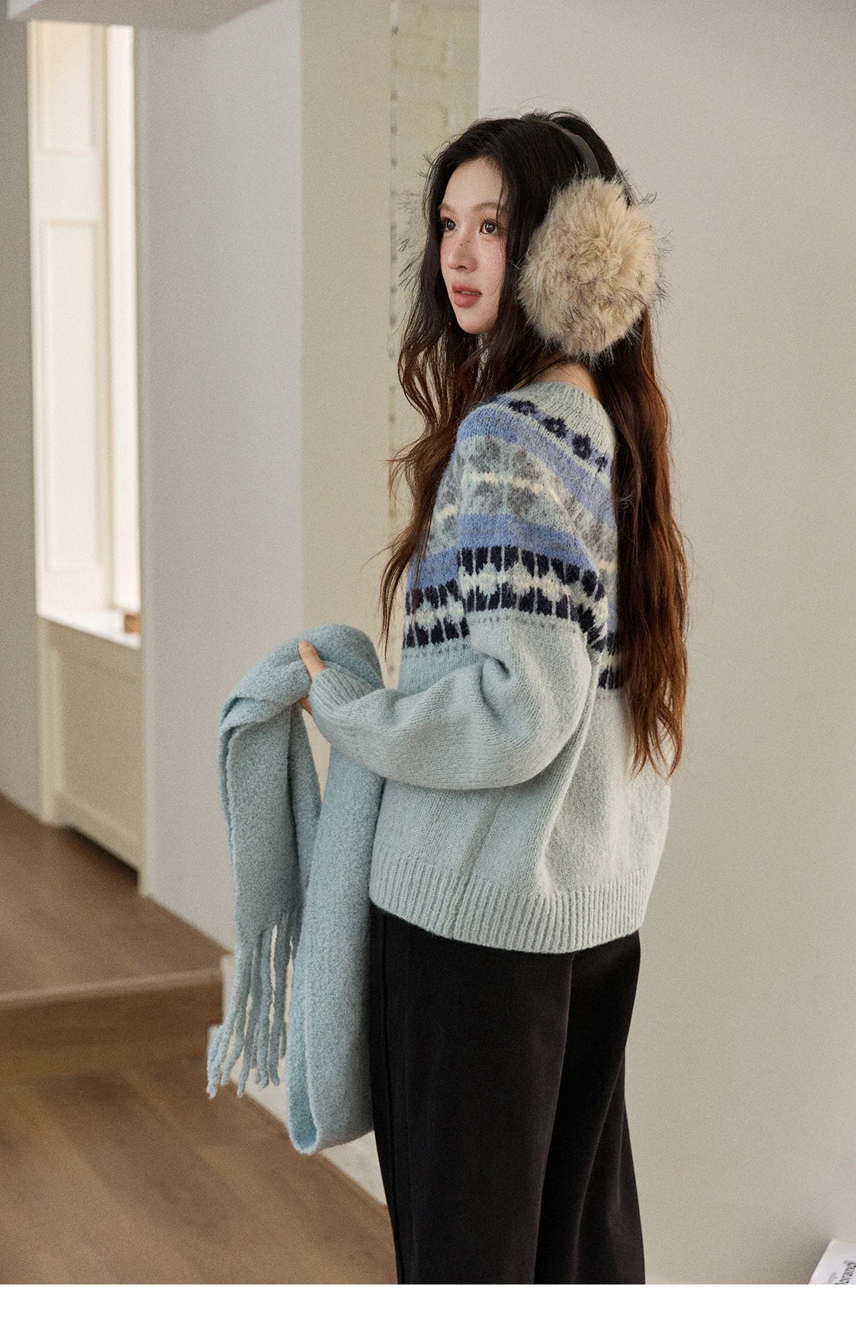 Mishow Blue Fair Isle Geometric Jacquard Pullover MXE87Z2767