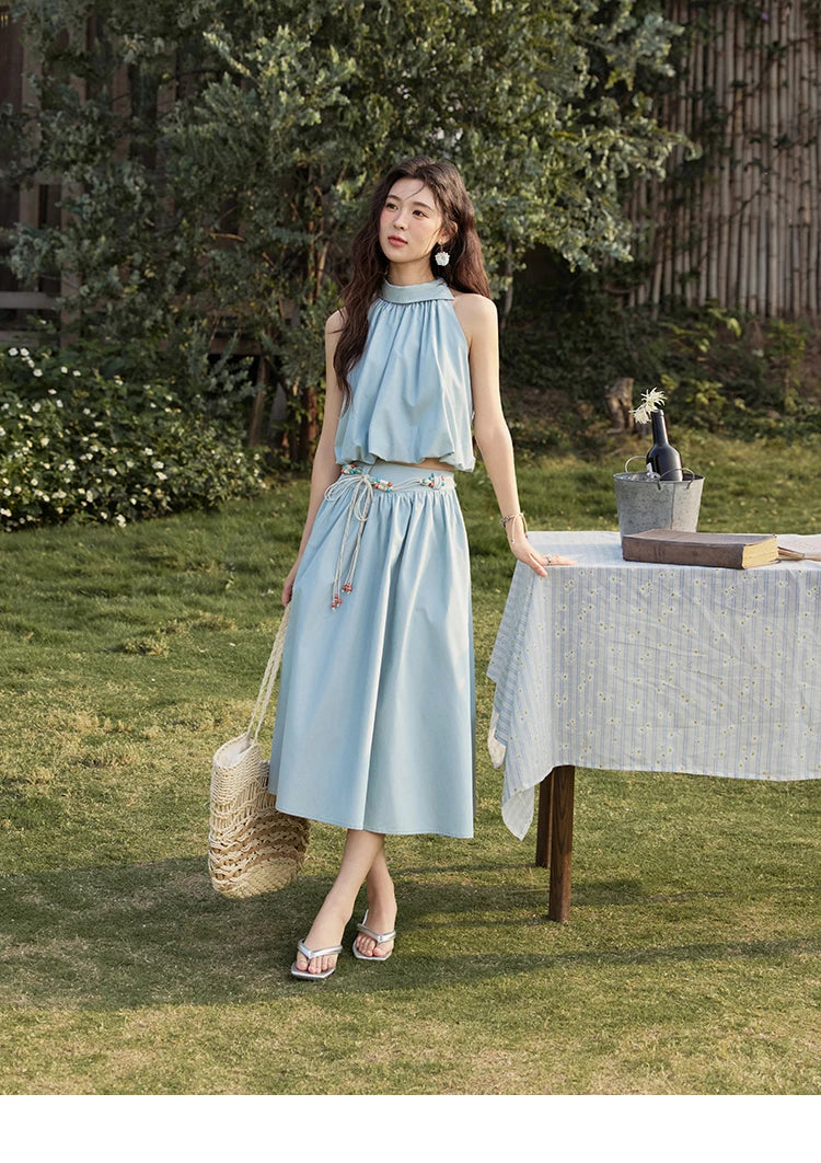 Mishow Solid Halter Neck Top & Midi Skirt Set with Belt MXE33T0546