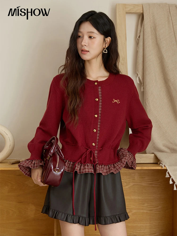 Mishow Red Fake Two-Piece Plaid Patchwork Cardigan MXE45Z2483