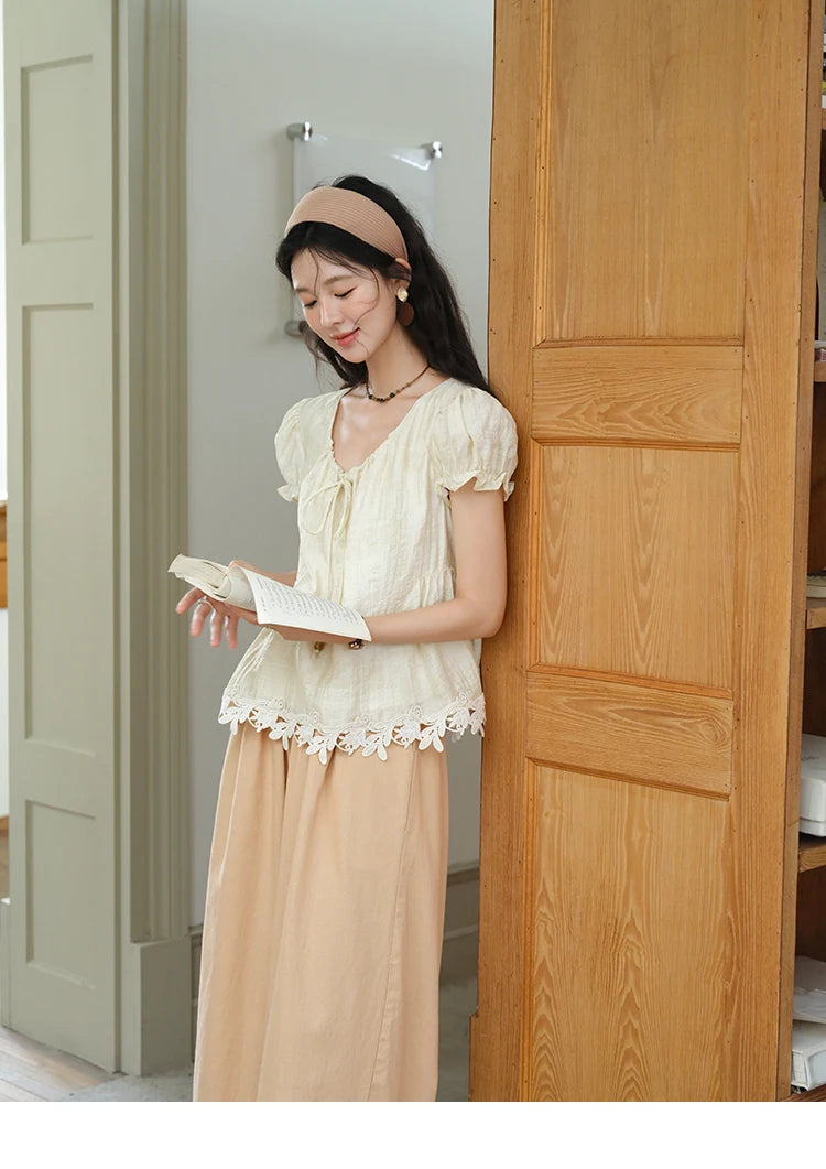 MISHOW French Round Neck Lace Up Blouse Embroidery Puff Sleeve MXE39X1956