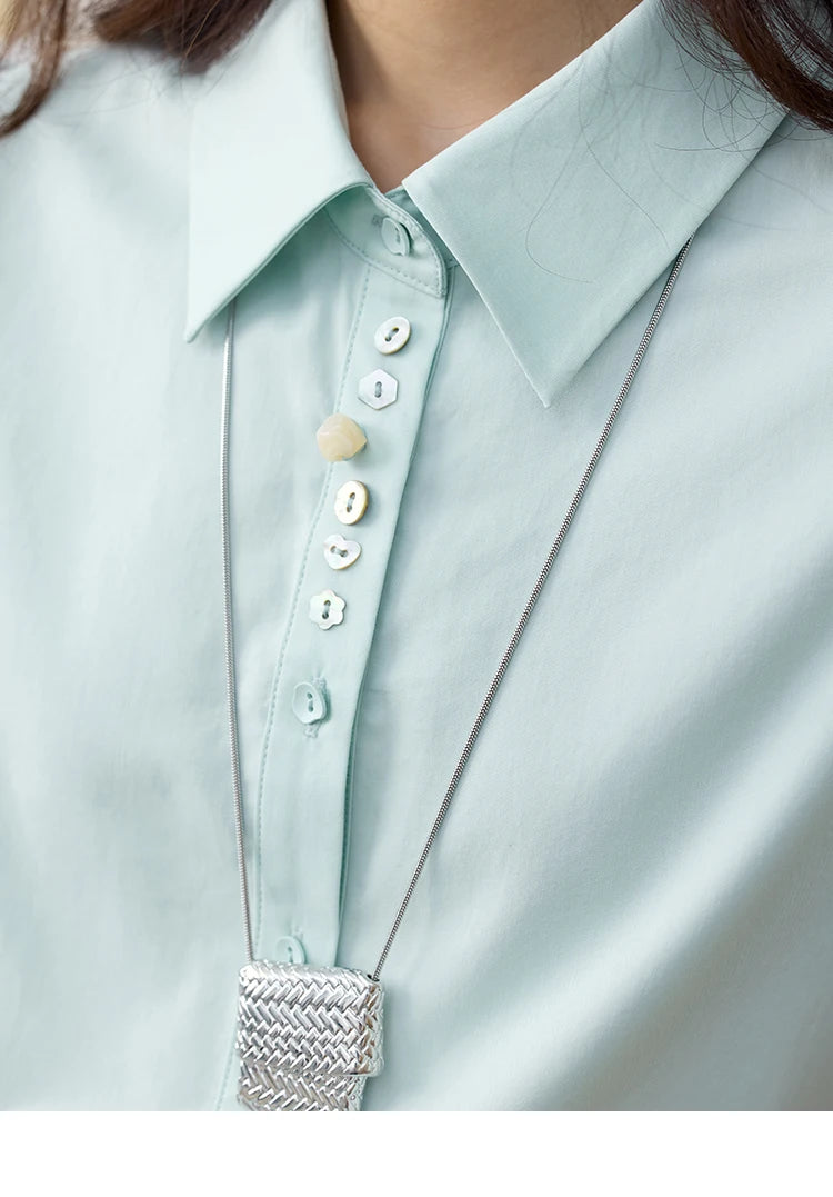 MISHOW Light Green Bubble Sleeve Shirt Lapel Collar Irregular Buttons MXE34C0788