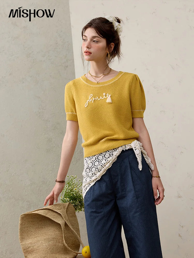 Mishow French Letter Short Sleeve Round Neck Pullover MXE33Z1219