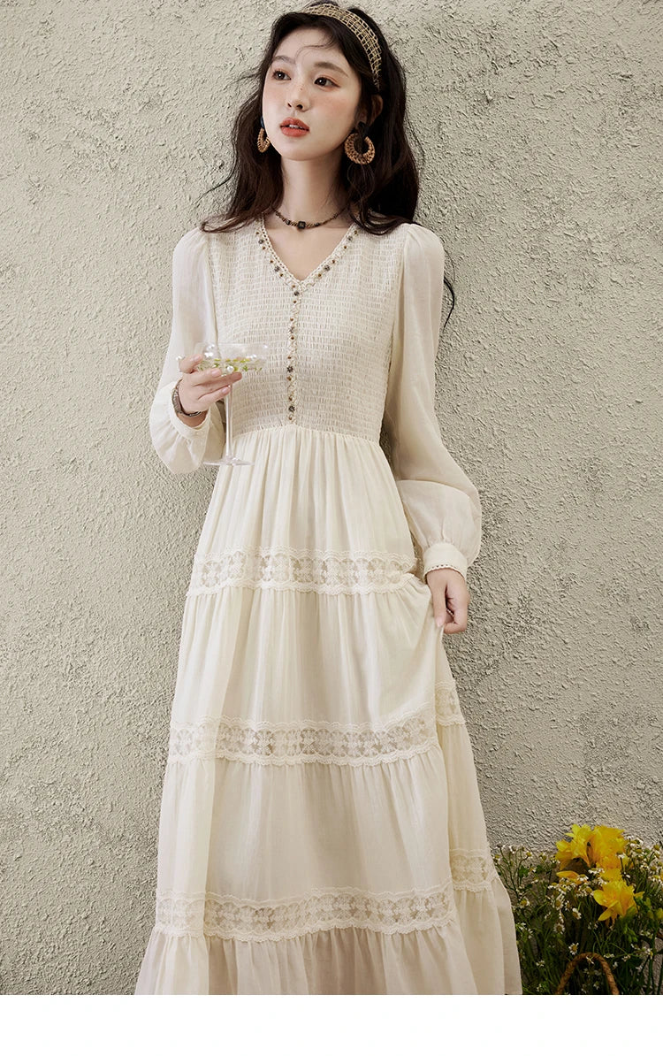 Mishow Apricot 100% Cotton Splicing Lace Dress MXE16L2168