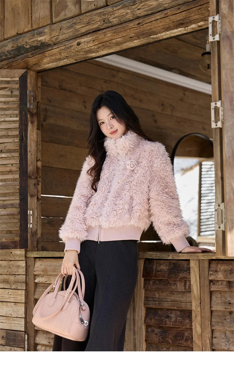 Mishow Pink Stand Collar Faux Lamb Wool Coat MXE91W0974