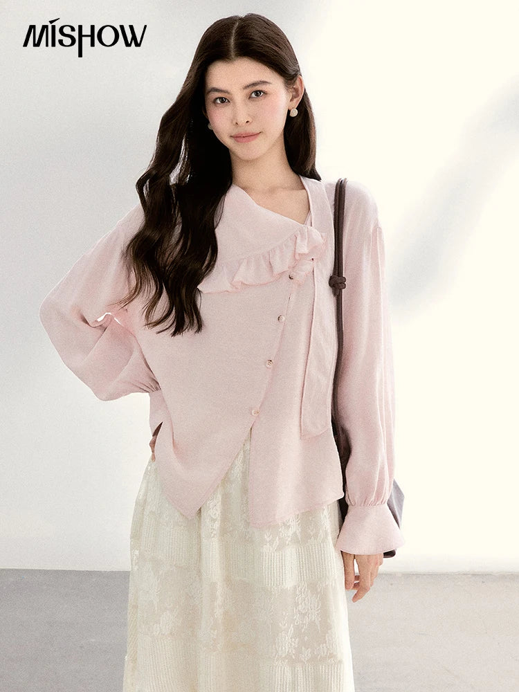 MISHOW Pink Asymmetrical Ruffled Collar Blouse Puff Sleeve MXF11X2520
