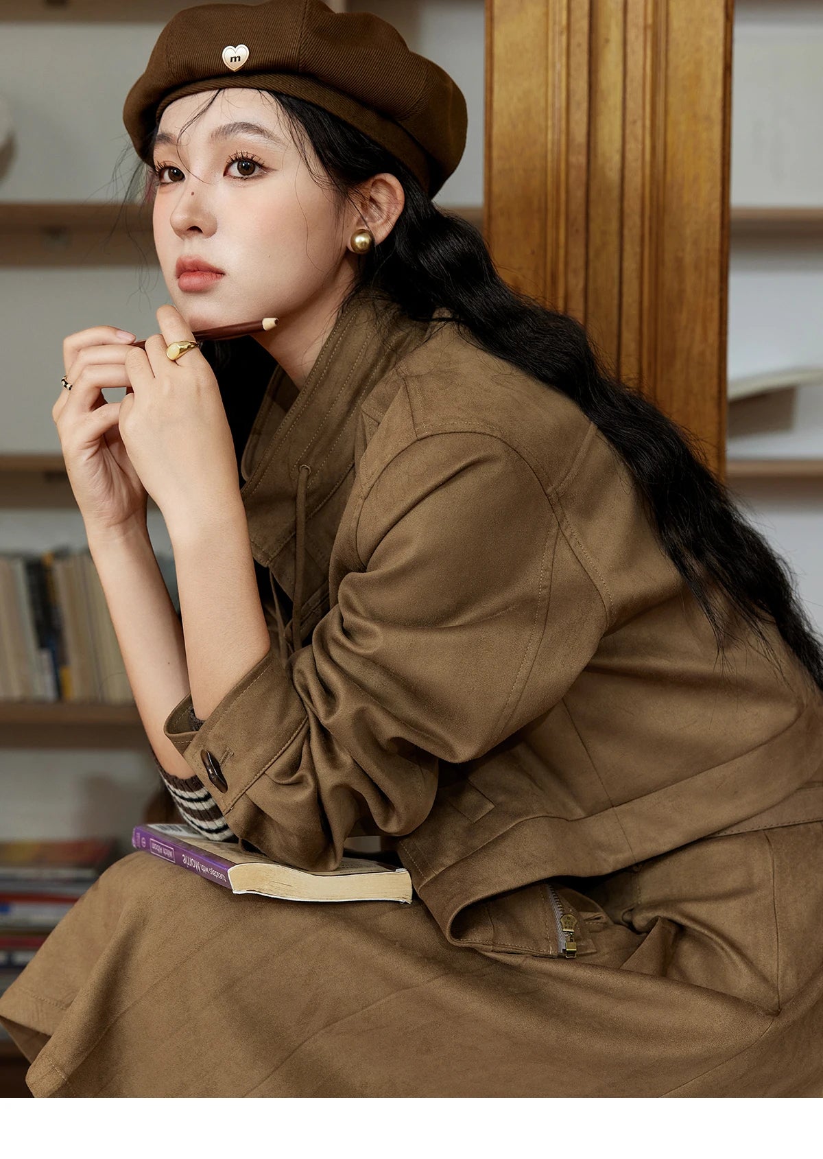 Mishow Retro Suede Stand Collar Jacket & Pleated Skirt Set MXD44W0423