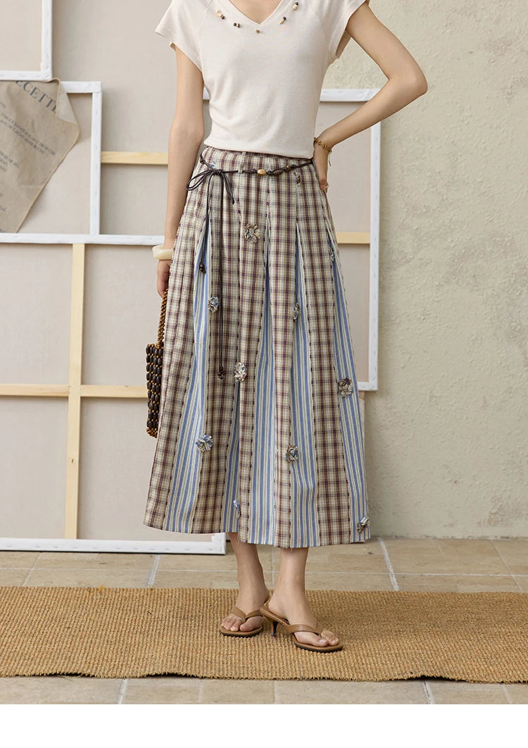 MISHOW Retro Plaid Patchwork Pleats Skirt A-LINE Slim MXE35B0726