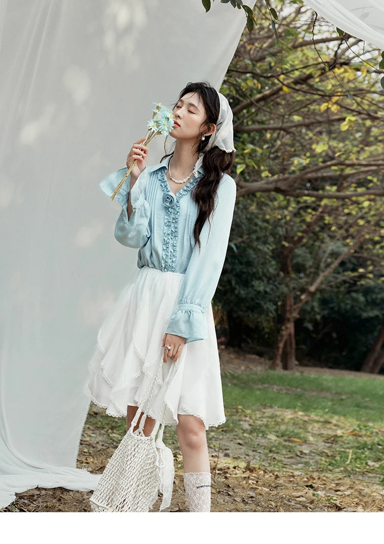 MISHOW V-Neck Long Flare Sleeve Solid Blouse MXE14X1730