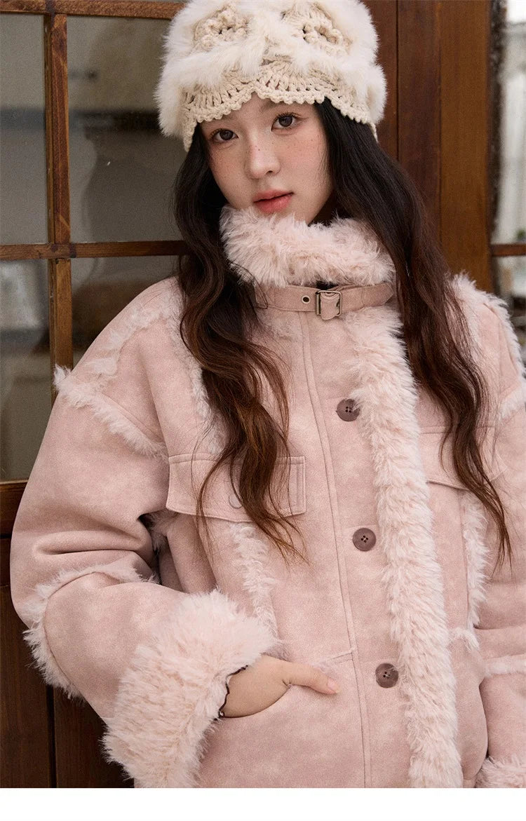 MISHOW Pink Plush Patchwork Coat Stand Collar Windproof MXE51W0911