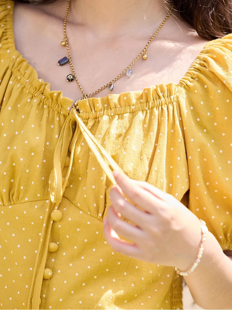 MISHOW Yellow Polka Dot One Shoulder Blouse Back Elastic Lace-Up MXE35X1840