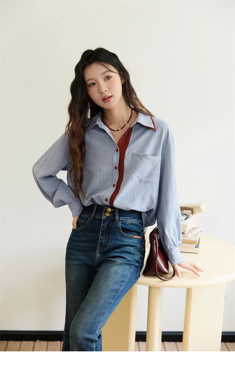 MISHOW Blue Red Striped Shirt Contrast Splicing Lapel MXE46C2405