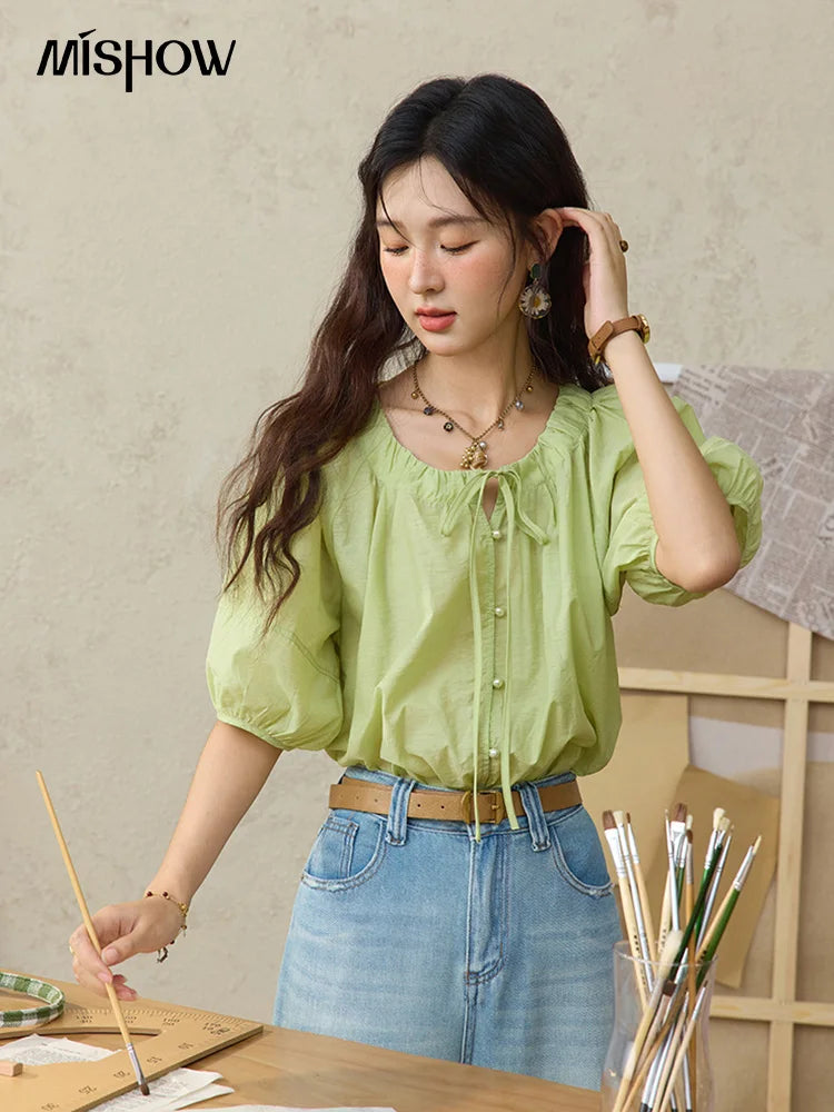MISHOW Round Neck Blouse Lace Up Puff Sleeve MXE36X1875