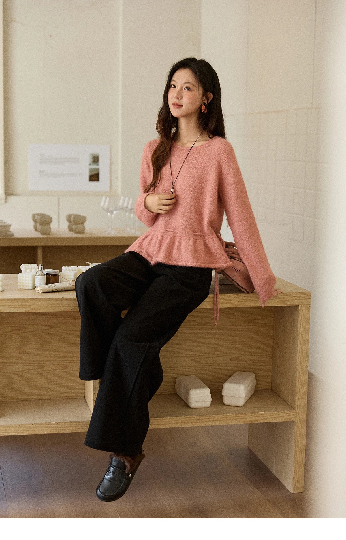 Mishow French Pink Ruffled Hem Pullover with Drawstring Belt MXE90Z2824