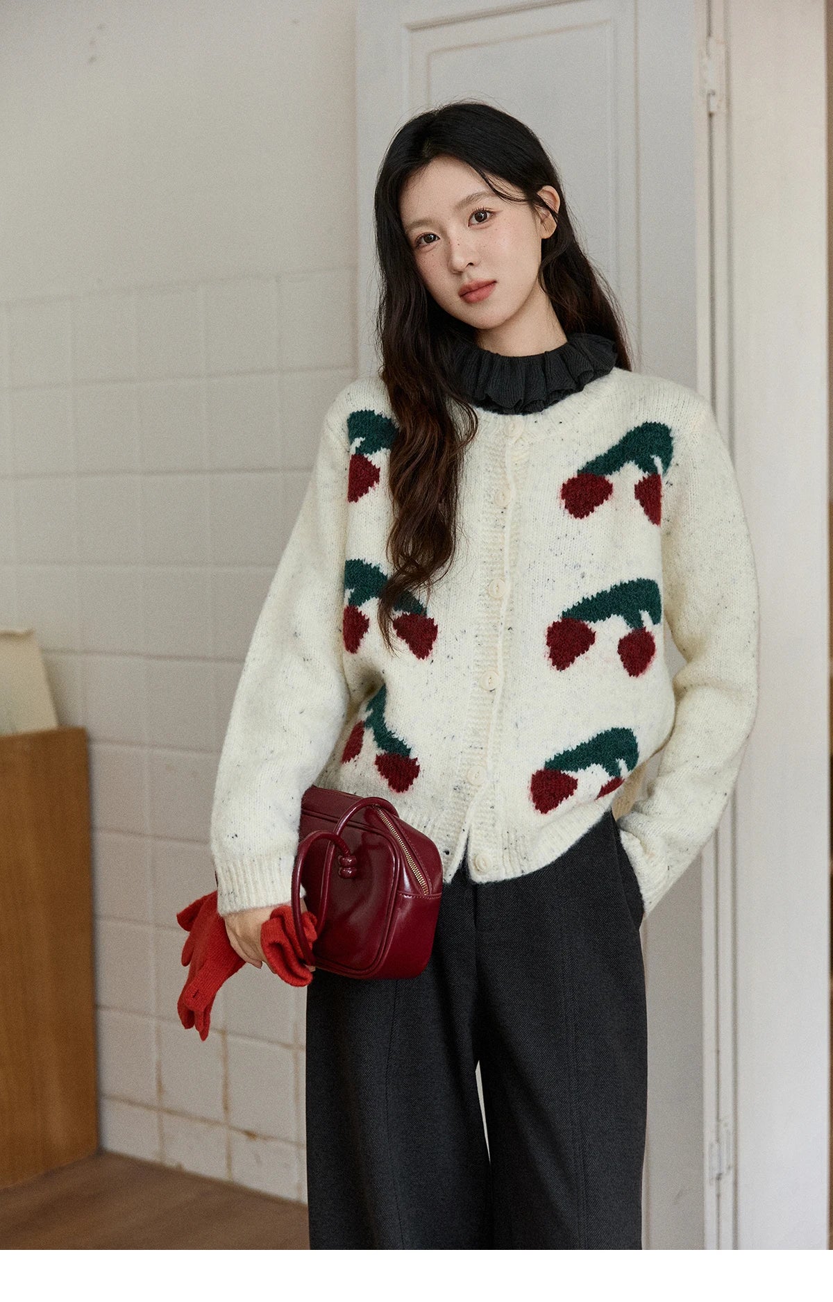 Mishow Cherry Jacquard Flecked Drop Shoulder Cardigan MXE91Z2837