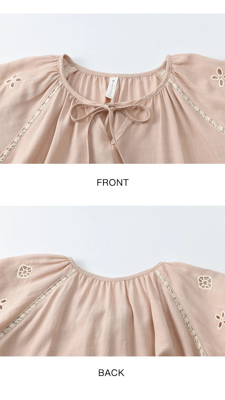 MISHOW Puff Sleeve Blouse Round Neck Hollow Embroidery MXE31X1747
