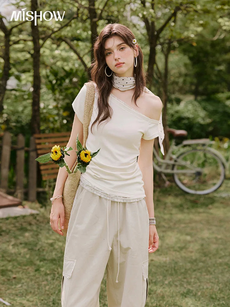 MISHOW Apricot Cargo Pants Lace Patchwork Drawstring Elastic MXE33K0935