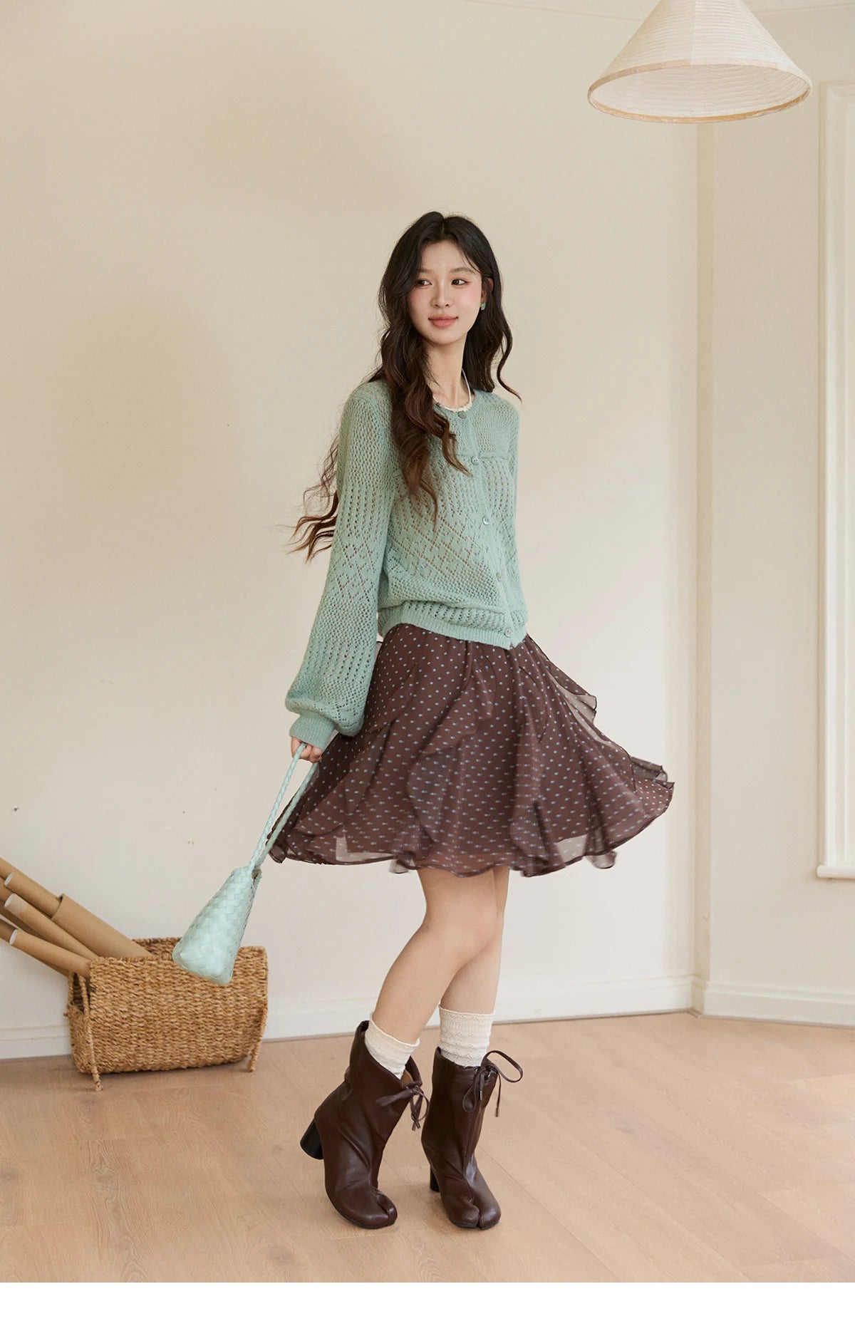 Mishow Brown Polka Dot Ruffled Chiffon Mini Skirt MXF13B2476