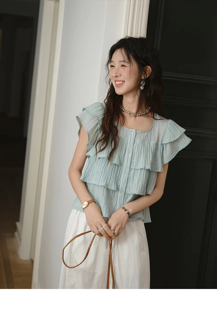 MISHOW Butterfly Sleeve Chiffon Shirt Square Neck Button MXD30X1488