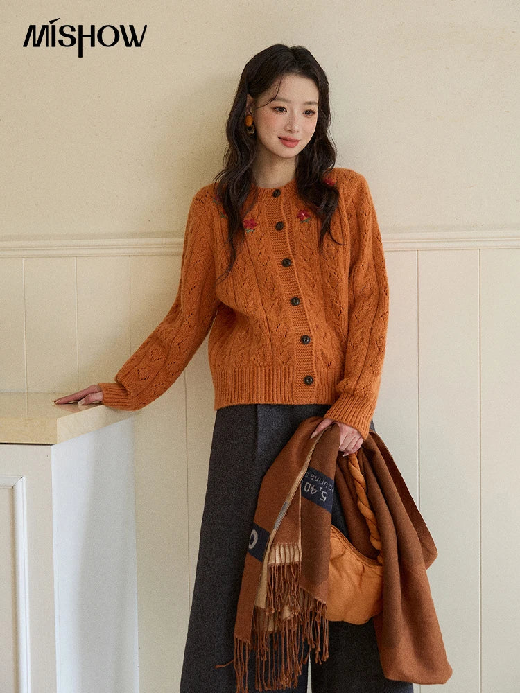 Mishow Orange Cable Knit Floral Embroidery Cardigan MXE86Z2737