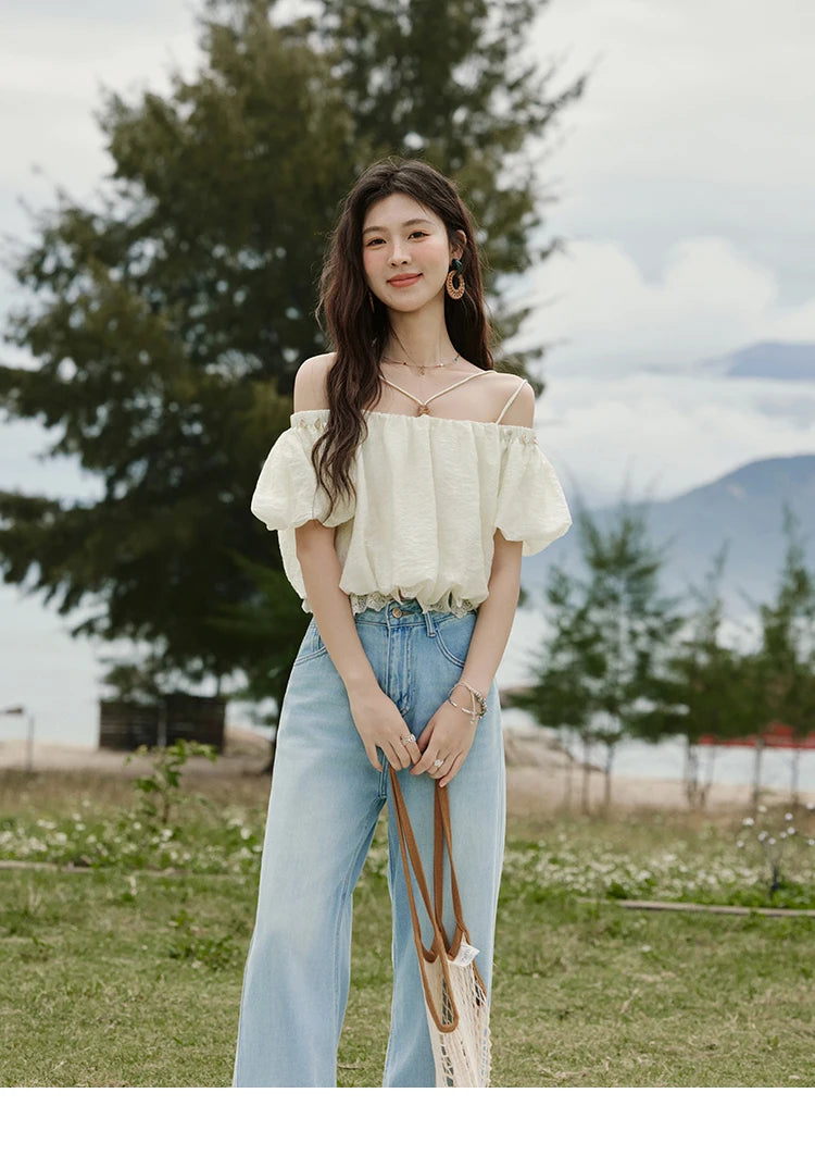 MISHOW French Camisole Shirt Off-Shoulder Lace Puff Sleeve MXE33X1755