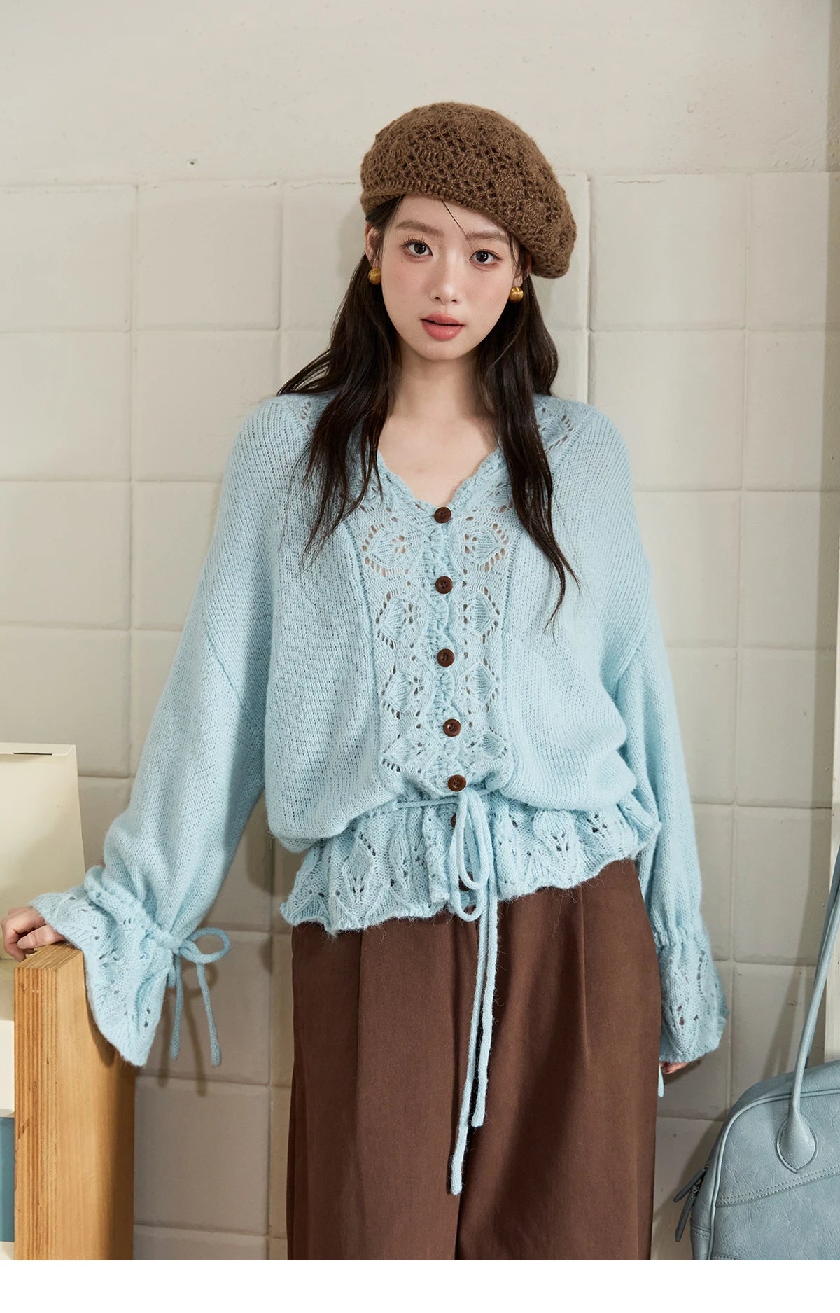 Mishow Hollow Knit V-Neck Flared Sleeve Cardigan MXE47Z2513