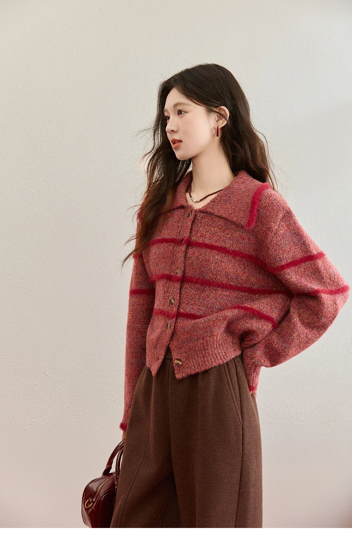 Mishow Red Striped Large Lapel Fleece Cardigan MXE94Z2888