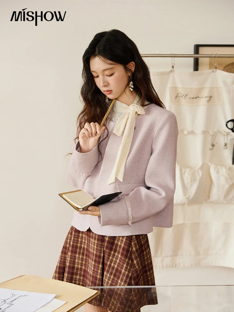 MISHOW Purple Woolen Coat Slanted Placket Splicing Lace Shoulder Pads MXE47W0840