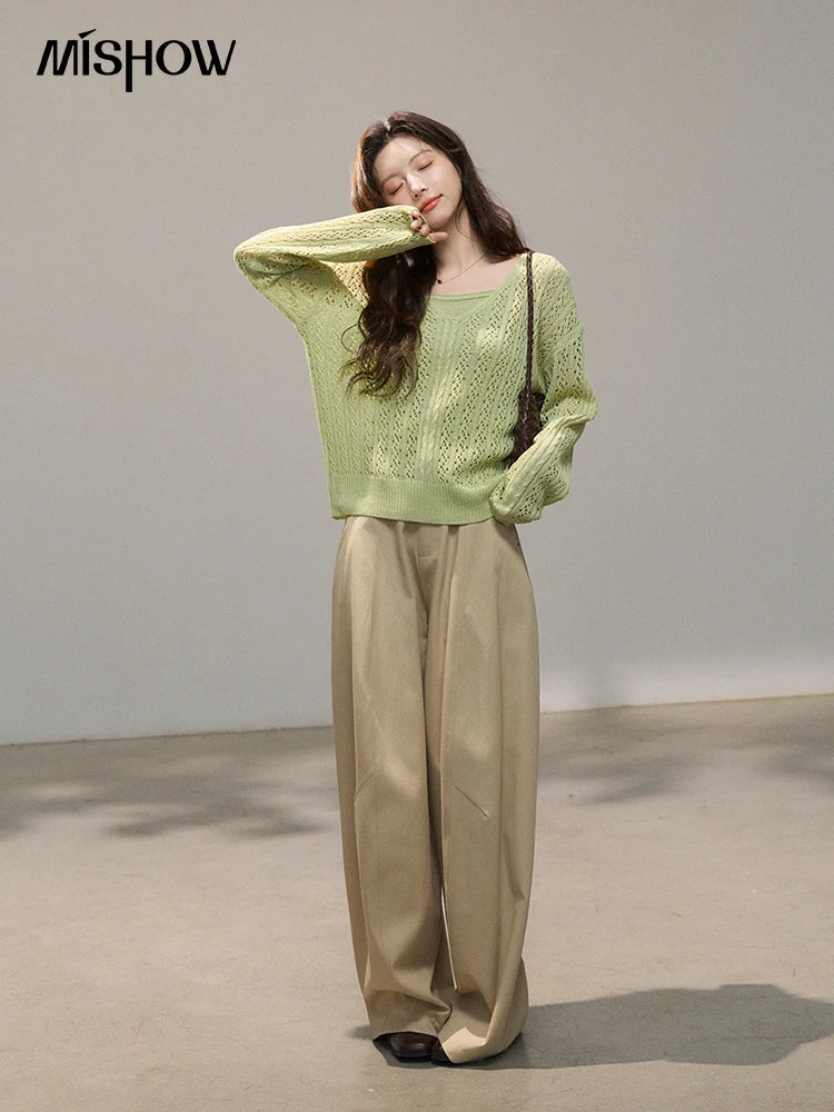 Mishow Green Hollow Cable Knit Top & Camisole Set MXF16T1524