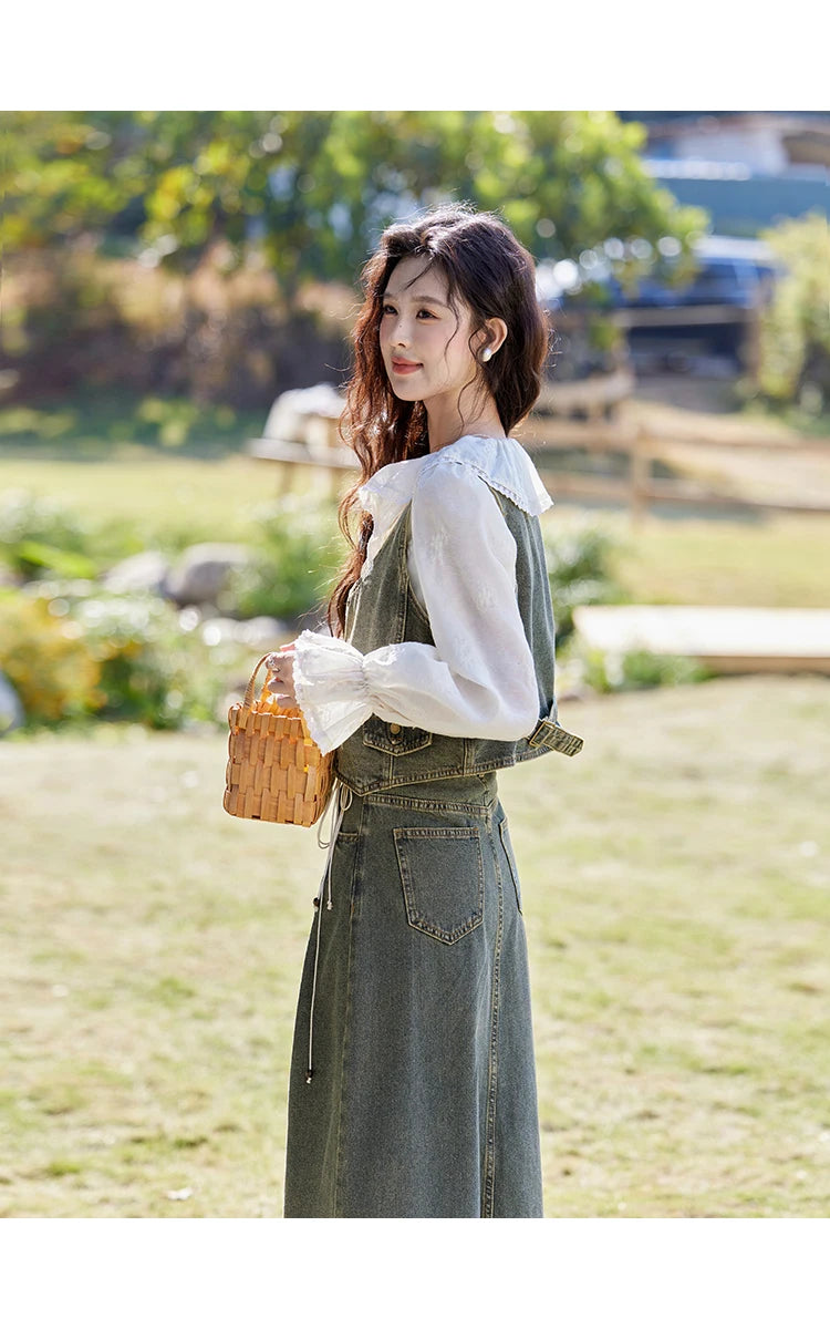Mishow Korean Denim Vest Coat & Slim A-Line Midi Skirt Set MXE13W0731