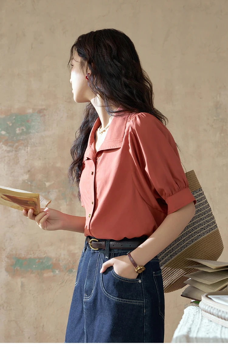 MISHOW Short Sleeve Blouse Lapel Simple Loose Fit MXD28C0247