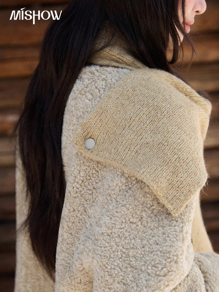 Mishow Plaid Patchwork Lamb Wool Round Neck Coat MXE90W0923