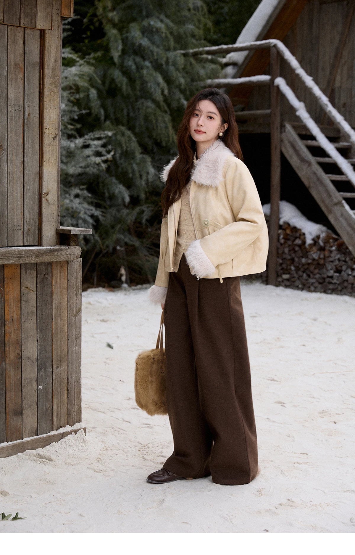 Mishow Apricot Suede Plush Collar Jacket MXE91W0987