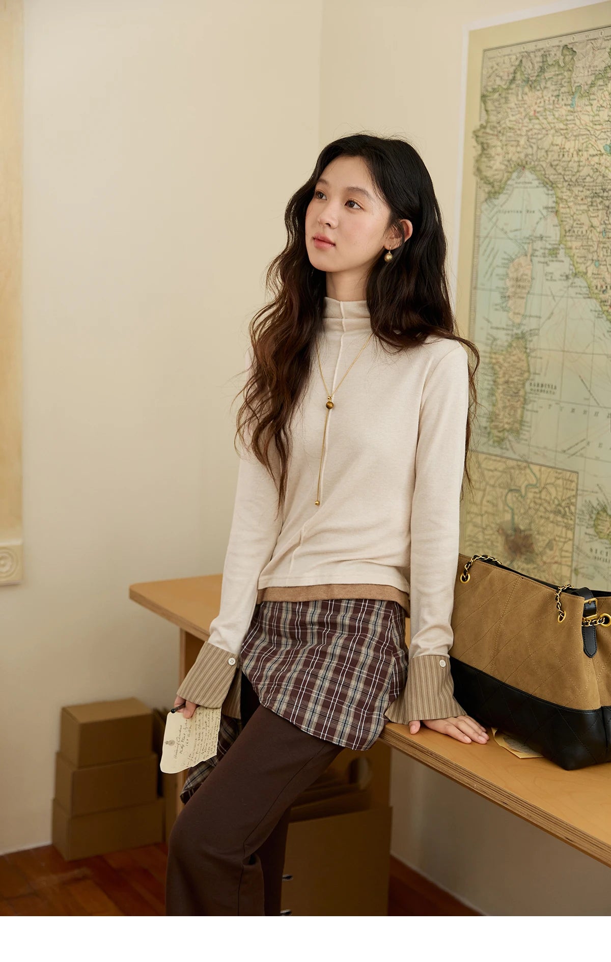 Mishow Apricot Stand Collar Slim Top with Detachable Cuffs MXE49Z2532