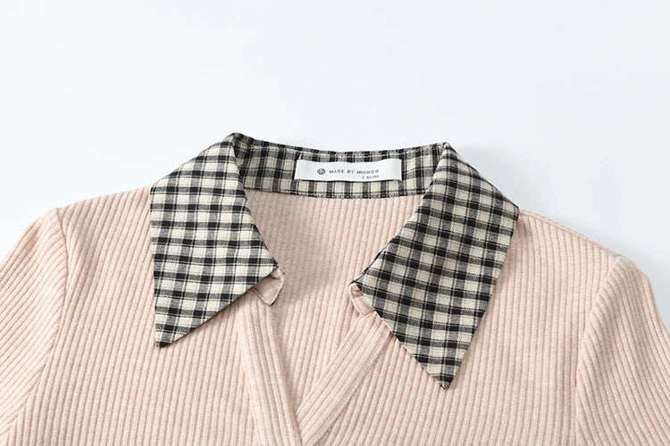 Mishow Plaid Splicing Fake Two-Piece Top MXE13Z1108