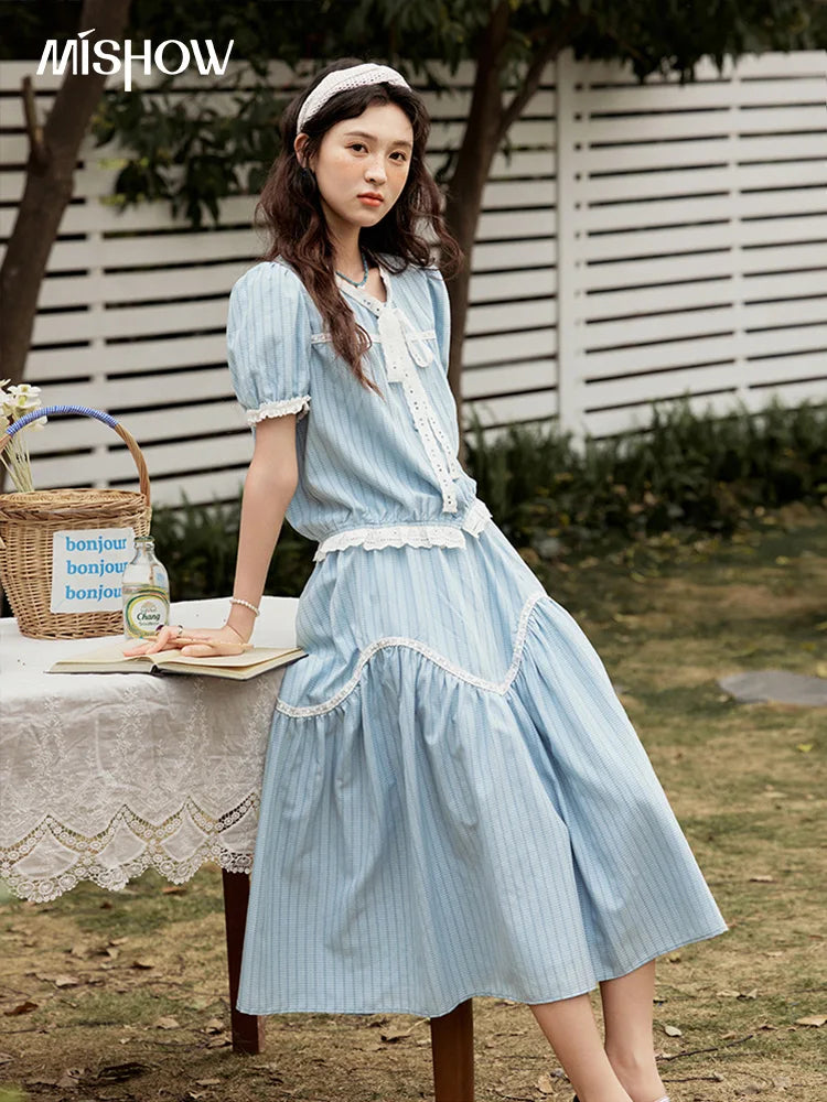 Mishow Blue Stripe V-Neck Top & A-Line Skirt Set MXE31T0531