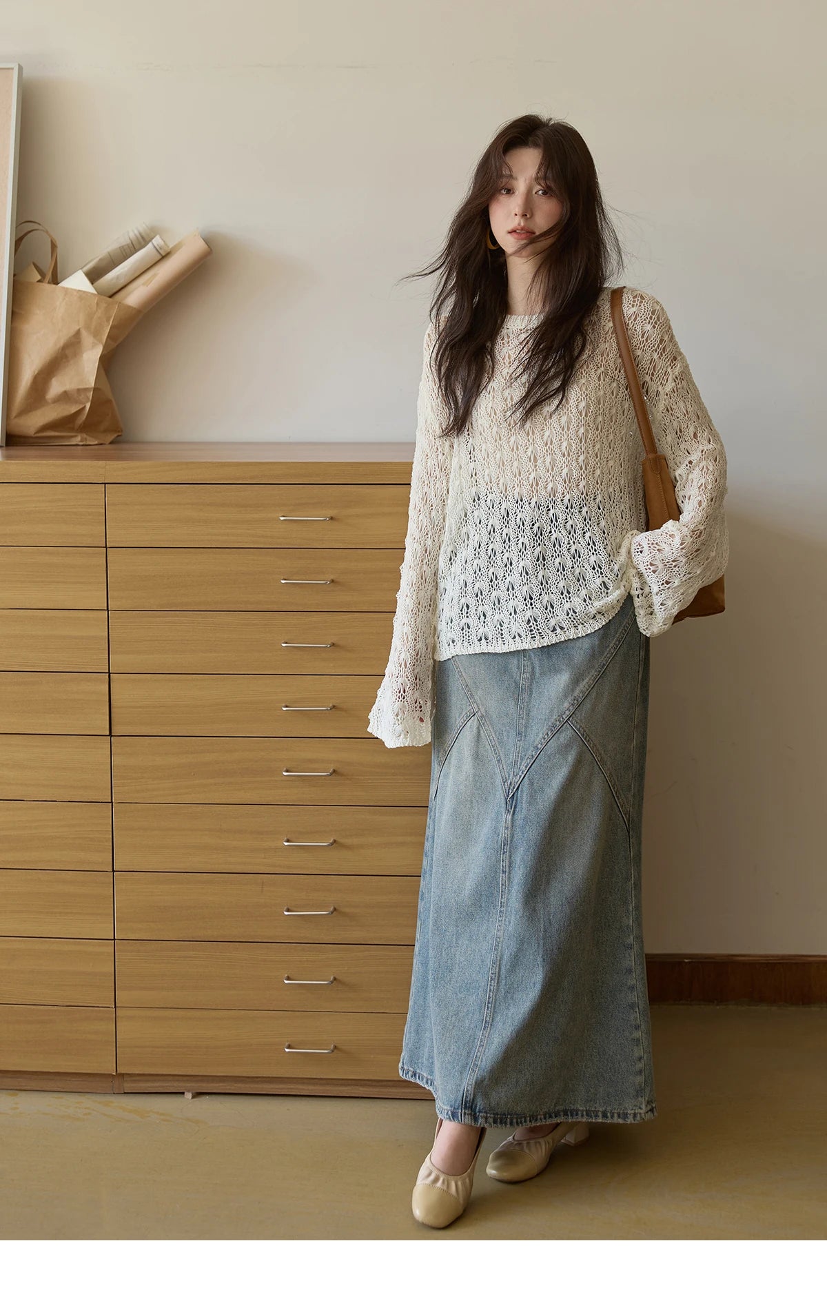 Mishow Hollow Jacquard Dropped Sleeve Sweater MXE43Z1360