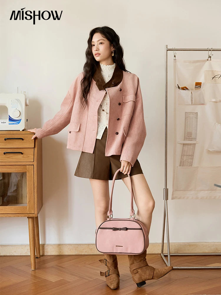 MISHOW Pink Coffee Suede Jacket Stand Collar Contrast Color MXE48W0851