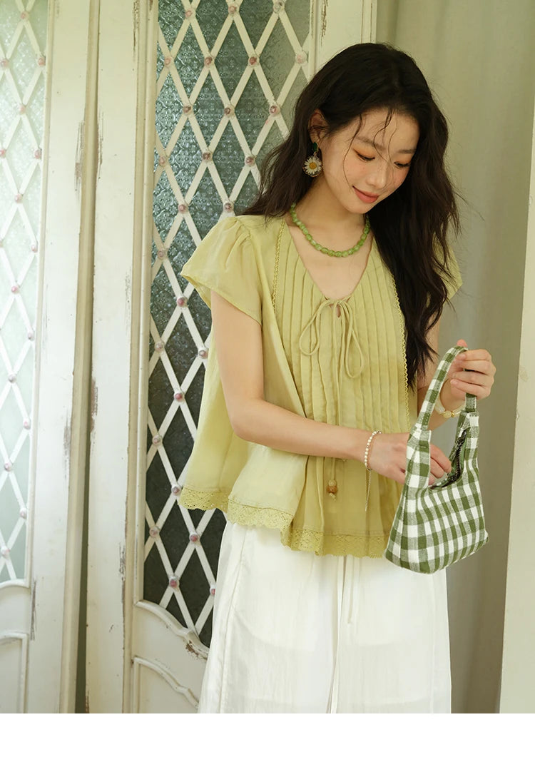 MISHOW V-Neck Lace Up Blouse Flying Sleeve Lace MXE37X1855