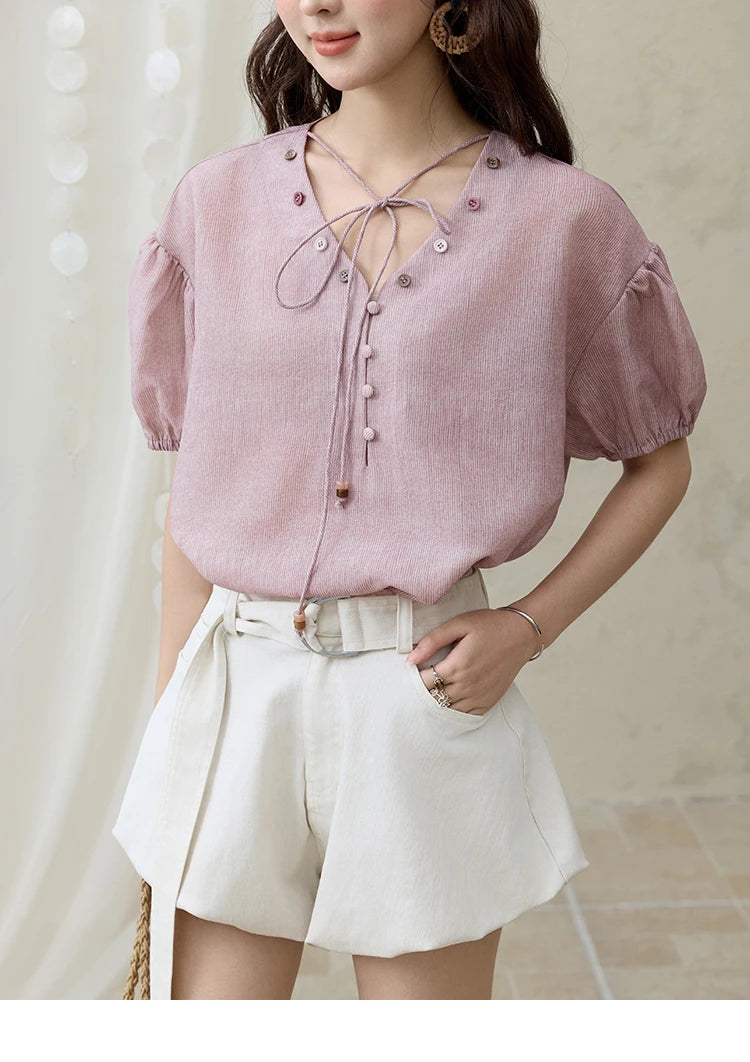 MISHOW Solid V-Neck Blouse Short Puff Sleeve Lace-Up MXE33X1743