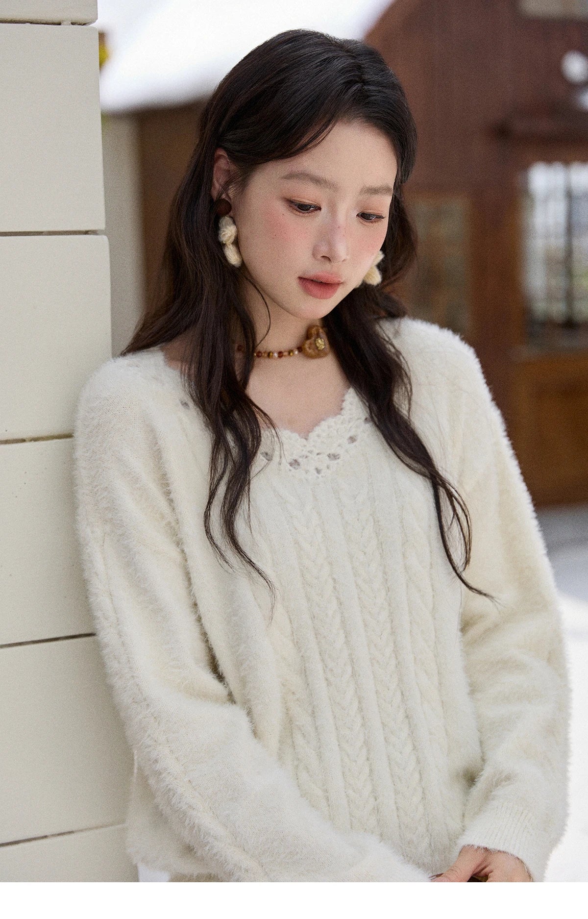 Mishow Apricot Soft V-Neck Cable Knit Pullover MXE51Z2594